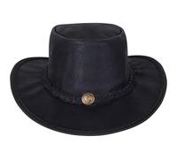URBAN 5884 Sombrero Vaquero de Cuero Auténtico, Sombrero Cowboy para Hombre/Mujer, con ala Ancha y Barboquejo Ajustable - Negro, XL