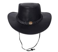 URBAN 5884 Sombrero Vaquero de Cuero Auténtico, Sombrero Cowboy para Hombre/Mujer, con ala Ancha y Barboquejo Ajustable - Negro, 2XL