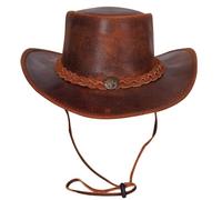 URBAN 5884 Sombrero Vaquero de Cuero Auténtico, Sombrero Cowboy para Hombre/Mujer, con ala Ancha y Barboquejo Ajustable - Castaño, S