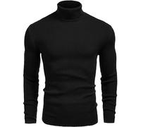 URBAN BUCK Jersey casual de punto acanalado de manga larga de cuello alto para hombre con cuello de tortuga de algodón ajustado, James Black Turtleneck Men, Large