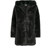 URBAN CLASSICS Abrigo de Pelo Sintético para Mujer con Capucha Grande, Chaqueta con Bolsillos Laterales y Cierre de Ojal, Talla L negro