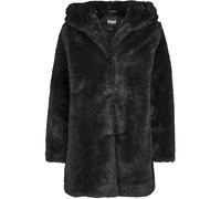 URBAN CLASSICS Abrigo de Pelo Sintético para Mujer con Capucha Grande, Chaqueta con Bolsillos Laterales y Cierre de Ojal, Talla XS negro