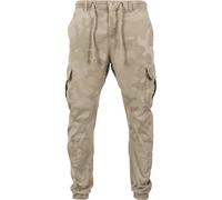 URBAN CLASSICS Pantalón jogging Camo Cargo con bolsillos de parche laterales y traseros, ajuste holgado, estampado camuflaje, cintura cordón, puños elásticos, color Beige Camo, talla 36