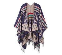 Urban GoCo Mujer Poncho Cárdigan de Punto Capa Gran Tamaño Estampado Étnico Chal Bufanda Manta con Borlas (#1 Azul Marino)