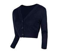 Urban GoCo Mujeres Chaqueta Corta Punto de Manga 3/4 Rebecas Escote en V Bolero Cárdigan (S, Azul Marino)