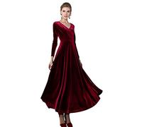 Urban GoCo Mujeres Vestidos Terciopelo Largo Elegante V-Cuello Manga Larga Maxi Vestidos para Cóctel Fiesta (XL, Vino Rojo)