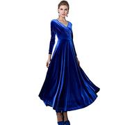 Urban GoCo Mujeres Vestidos Terciopelo Largo Elegante V-Cuello Manga Larga Maxi Vestidos para Cóctel Fiesta (2XL, Real Azul)