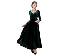 Urban GoCo Mujeres Vestidos Terciopelo Largo Elegante V-Cuello Manga Larga Maxi Vestidos para Cóctel Fiesta (XL, Verde)