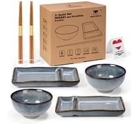 Urban Lifestyle Set Sushi Japonés para 2 Personas MISAKI Vajilla de Cerámica con Esmalte Reactivo, 2 Platos Sushi, 2 Cuencos para Arroz Sushi y Sopa Miso, 2 Palillos Japoneses (Gris Azul)