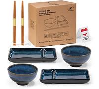 Urban Lifestyle Set Sushi Japonés para 2 Personas MISAKI Vajilla de Cerámica con Esmalte Reactivo, 2 Platos Sushi, 2 Cuencos para Arroz Sushi y Sopa Miso, 2 Palillos Japoneses (Azul Marino)