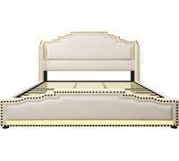Urban Meuble Cama king tapizada en beige con iluminación led y subtítulos royal