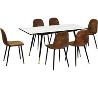 Urban Meuble Mesa extensible efecto mármol + 6 sillas vintage de ante marrón