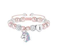 URBAN SPARKS Pulsera infantil de unicornio de plata 925, pulsera para niña con corazón, perlas blancas y bolas de estrás, ajustable, regalo para niñas, Mittelgroße, Plata, No.