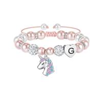 URBAN SPARKS Pulsera infantil de unicornio de plata 925, pulsera para niña con corazón, perlas blancas y bolas de estrás, ajustable, regalo para niñas, Mittelgroße, Plata, No.