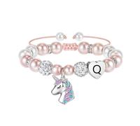 URBAN SPARKS Pulsera infantil de unicornio de plata 925, pulsera para niña con corazón, perlas blancas y bolas de estrás, ajustable, regalo para niñas, Mittelgroße, Plata, No.