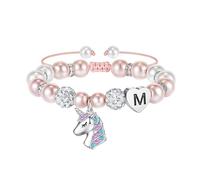 URBAN SPARKS Pulsera infantil de unicornio de plata 925, pulsera para niña con corazón, perlas blancas y bolas de estrás, ajustable, regalo para niñas, Mittelgroße, Plata, No.