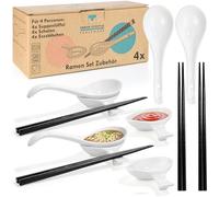 Urban Trading, Ramen Cuenco Accesorios de 4 Cucharas Ramen Porcelana 4 pares de palillos de bambú 4 cuencos para salsas de porcelana, banco de palillos, soporte para cucharas para ramen Bowl