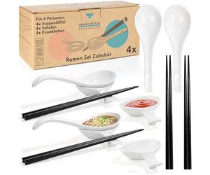 Urban Trading, Ramen Cuenco Accesorios de 4 Cucharas Ramen Porcelana 4 pares de palillos de bambú 4 cuencos para salsas de porcelana, banco de palillos, soporte para cucharas para ramen Bowl