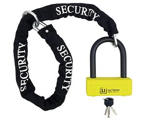 URBAN UR85120Y+10.120L Candado Moto U Homologado SRA + Cadena Acero Endurecido 120cm Más Largo con Sistema Lazo, Horquilla Acero Endurecido ø18mm, Máxima Seguridad Antirrobo Universal para Motocicleta