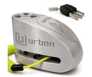 URBAN UR910S Candado Moto Disco Sin o con Alarma X2-ON 120dB, Alta Seguridad Homologado Sra, Doble Cierre 10mm Anti-Sierra, Acero Inoxidable, Pila CR2 Larga Duración, Bloqueo Pinza Antirrobo Scooter
