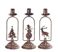 UrbanHui 3 portavelas de hierro de Navidad, diseño vintage de bronce con muñeco de nieve, ciervo, árbol de Navidad, decoración festiva, soporte para velas cónicas de 8.66 pulgadas, decoración del