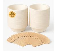 Urbisell Pack 200 Cuencos Biodegradables Fibra de Caña 12oz + 200 Cucharas de Madera Encerada 16cm | Vajilla Desechable Ecológica Compostable | Alimentos Calientes y Frios (Cuencos y Cucharas)