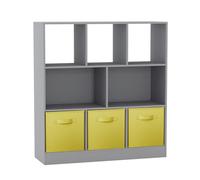 URBNLIVING Estantería asimétrica de 8 cubos con 3 inserciones de cajones de tela gris, organizador moderno y vitrina para el hogar u oficina, color amarillo