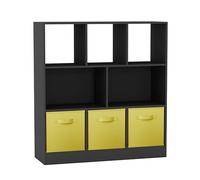 URBNLIVING Estantería asimétrica de 8 cubos, unidad de almacenamiento negra con 3 cajones de tela, organizador moderno para el hogar u oficina, color amarillo