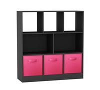 URBNLIVING Estantería asimétrica de 8 cubos, unidad de almacenamiento negra con 3 cajones de tela, organizador moderno para el hogar u oficina, color rosa oscuro