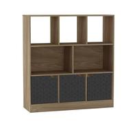 URBNLIVING Estantería asimétrica de roble de 8 cubos, armario de almacenamiento independiente con 3 puertas, puertas de diseño geográfico, color negro