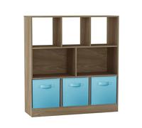 URBNLIVING Estantería asimétrica de roble de 8 cubos con 3 inserciones de cajones de tela, estante de exhibición de madera para el hogar, oficina u dormitorio, color azul cielo