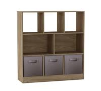 URBNLIVING Estantería asimétrica de roble de 8 cubos con 3 inserciones de cajones de tela, estante de exhibición de madera para el hogar, oficina u dormitorio, color gris