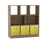 URBNLIVING Estantería asimétrica de roble de 8 cubos con 3 inserciones de cajones de tela, estante de exhibición de madera para el hogar, oficina u dormitorio, color amarillo