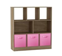 URBNLIVING Estantería asimétrica de roble de 8 cubos con 3 inserciones de cajones de tela, estante de exhibición de madera para el hogar, oficina u dormitorio, color rosa claro