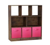 URBNLIVING Estantería asimétrica rústica de 8 cubos con inserciones de 3 cajones, unidad de almacenamiento de madera y organizador de estanterías, color rosa oscuro
