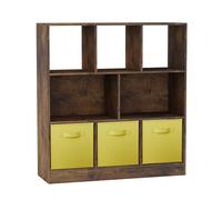 URBNLIVING Estantería asimétrica rústica de 8 cubos con inserciones de 3 cajones, unidad de almacenamiento de madera y organizador de estanterías, color amarillo