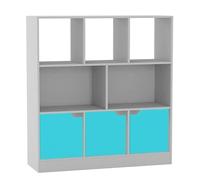 URBNLIVING Gabinete de almacenamiento asimétrico de 8 cubos, estantería independiente con 3 puertas para el hogar y la oficina, puertas lisas, color azul