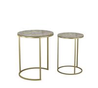 URBNLIVING Juego de 2 mesitas auxiliares redondas apilables para sofá, mesa auxiliar de madera de hormigón con patas de metal dorado, moderno, ahorro de espacio, café, té, para sala de estar,