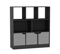 URBNLIVING Librería asimétrica negra de 8 cubos, estantería de almacenamiento independiente con 3 puertas, puertas de diseño geográfico, color gris