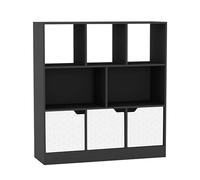 URBNLIVING Librería asimétrica negra de 8 cubos, estantería de almacenamiento independiente con 3 puertas, puertas de diseño geográfico, color blanco