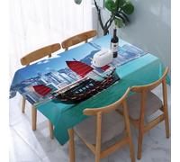 UREJD Linen Tablecloth 152x228 cm,Barco con Paisaje de Hong Kong en el Puerto Victoria, Distrito Comercial d,Washable Outdoor Table Anti-Stain Dining Table Decorative for,Christmas,Parties,Birthdays