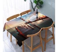 UREJD Linen Tablecloth 152x228 cm,Decoración de Faro, Puesta de Sol Junto al mar con muelles de Madera, Faro,Washable Outdoor Table Anti-Stain Dining Table Decorative for,Christmas,Parties,Birthdays