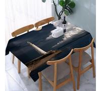 UREJD Linen Tablecloth 152x228 cm,Luna, Antiguo Faro Junto al mar con Nubes Blancas,Washable Outdoor Table Anti-Stain Dining Table Decorative for,Christmas,Parties,Birthdays