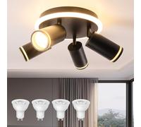URing Lámpara de Techo 4 Focos Orientable Negro, Moderno Redondo Plafones de Techo con Luz Inferior 8W+ 4x5W GU10, Blanco Cálido 3000K, Foco de techo LED Para Cocina, Sala de estar, Dormitorio