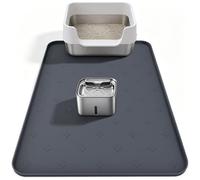 URMONA Alfombrilla Arenero Gato 63 x 89 cm, Comedero Perro de Silicona | Protector de suelo, base para cuencos, bebedero y fuente de agua, borde elevado, flexible, enrollable y lavable (Gris oscuro)