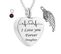 Urn Necklace Human Ashes,Heart with Angel Wing Birthstone and ECG Engraving I Love You Forever Daughter Urn Pendant Stainless Steel Necklace Urns for Ashes