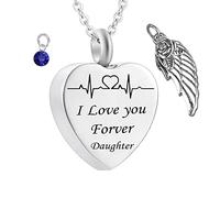 Urn Necklace Human Ashes,Heart with Angel Wing Birthstone and ECG Engraving I Love You Forever Daughter Urn Pendant Stainless Steel Necklace Urns for Ashes