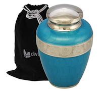 Urna de cremación clásica Avalon con bandas de girasol plateadas - Urna para adultos 100% hecha a mano - Urna grande de metal sólido para cenizas humanas - Urna funeraria con bolsa gratis, Azul (Sky Blue)