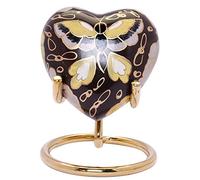 Urna de cremación con Forma de corazón Pintada para Cenizas, urna Conmemorativa de corazón pequeño con Caja y Soporte (Mariposa marrón)