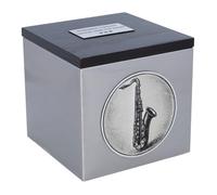 Urna de cremación con grabado de saxofón, urna conmemorativa de acero inoxidable y madera para amantes de la música (placa conmemorativa Sí)